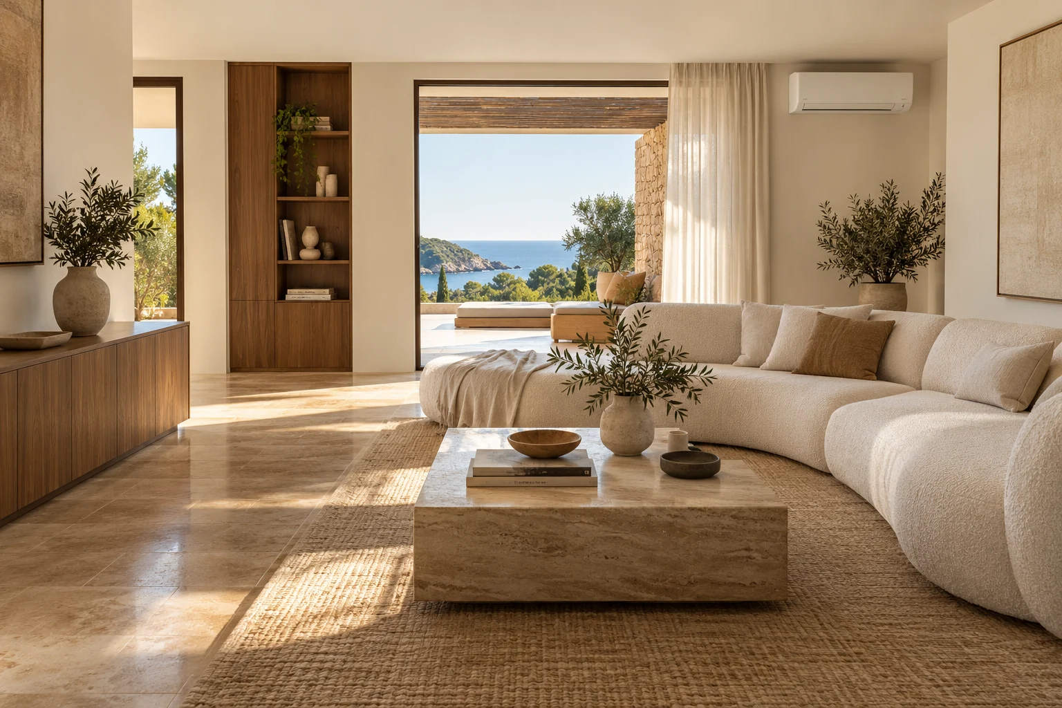 Inspiración: salón luminoso con materiales naturales y climatización integrada